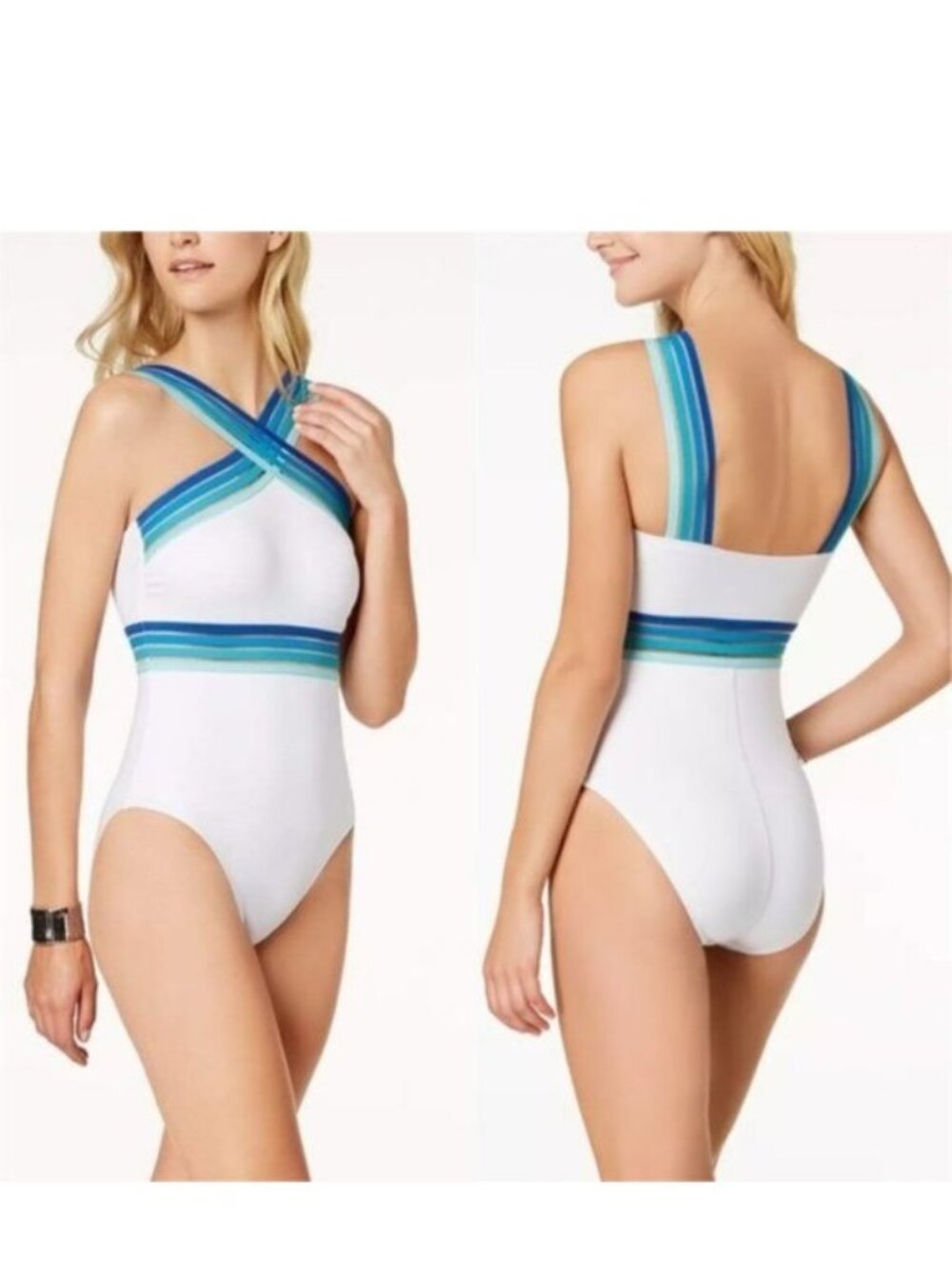 Kenneth Cole | White & Blue "Stompin' In Stilettos" Swimsuit | Size Medium